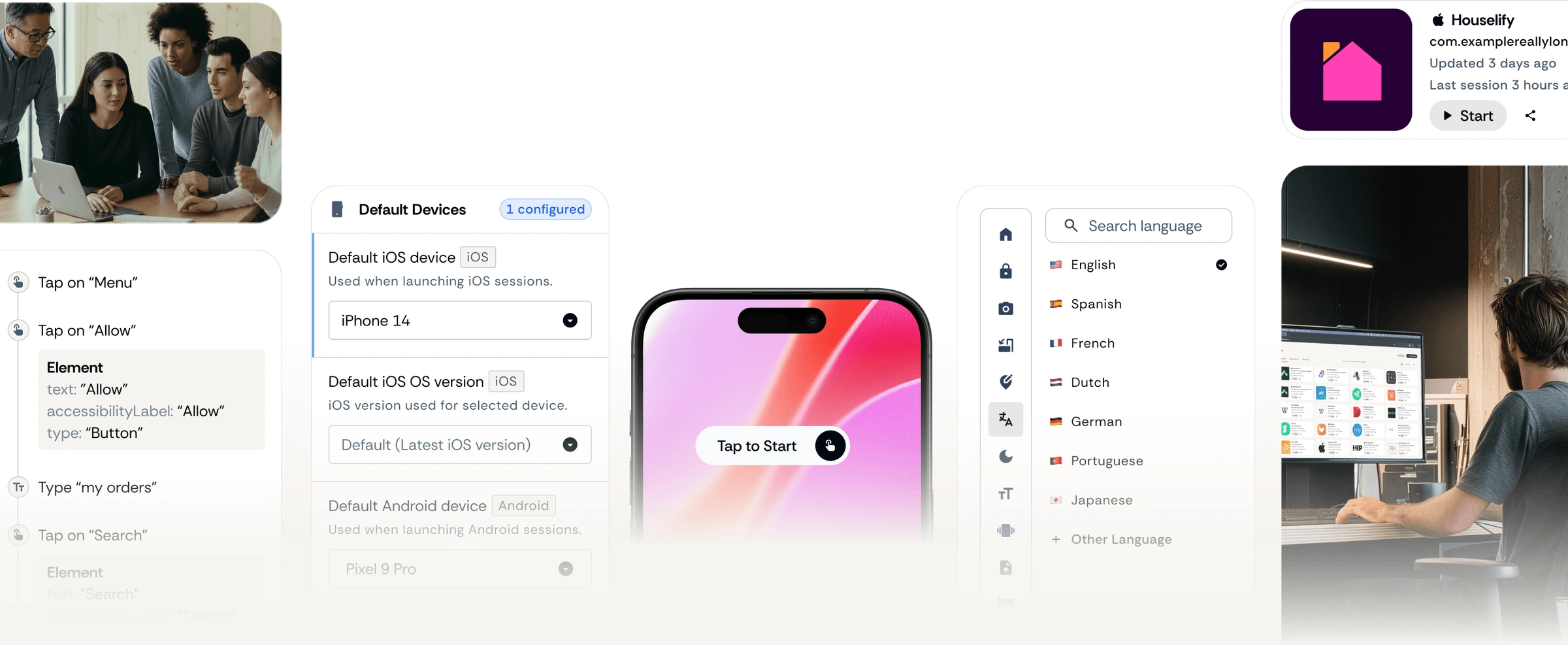 Appetize in use across teams — device configuration, live preview, and language settings